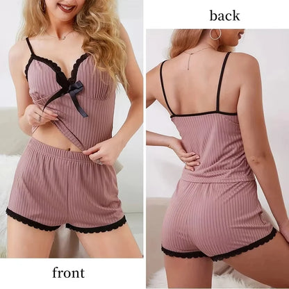 Neues sexy geripptes Pyjama-Set für Damen mit Spitzenbesatz, Cami-Top und Shorts, zweiteilige Nachtwäsche, Loungewear, V-Ausschnitt mit Schleife, Spaghettiträger