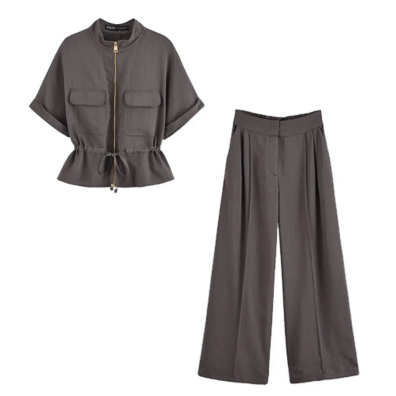 Casual Pants 2 Pieces Sets For Women Short Sleeve Coat High Waist Trousers Women's Suit 2025 Two Pieces Loose Woman Outfits