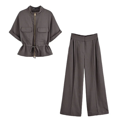 Casual Pants 2 Pieces Sets For Women Short Sleeve Coat High Waist Trousers Women's Suit 2025 Two Pieces Loose Woman Outfits