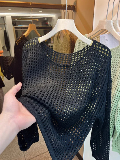 2025 Mesh Vintage Harajuku Langarm Frauen Pullover Koreanische Frühling Sommer Strickwaren Weiche Dünne Tops Chic Solide Femme Pullover.