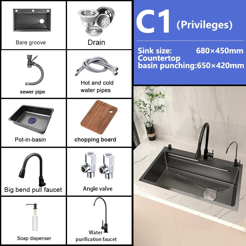 Stainless Steel Kitchen Sink Embossed Large Single-Slot With Kitchen Faucet Multifunctional Washbasin for Apartment