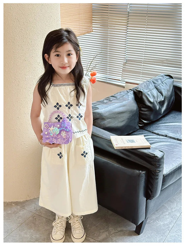 Lovely Sequin Girls Square Shoulder Bag Fish Tail Starfish Princess Crossbody Bags Bead Handle Children's Small Handbags Purse.