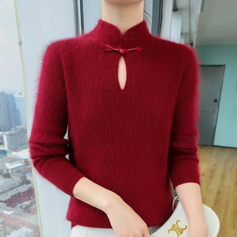 2024 autumn winter new 100% mink cashmere sweater women's pullover slim-fit long sleeve solid color stand collar bottom knitwear.