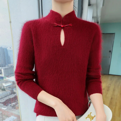 2024 autumn winter new 100% mink cashmere sweater women's pullover slim-fit long sleeve solid color stand collar bottom knitwear.