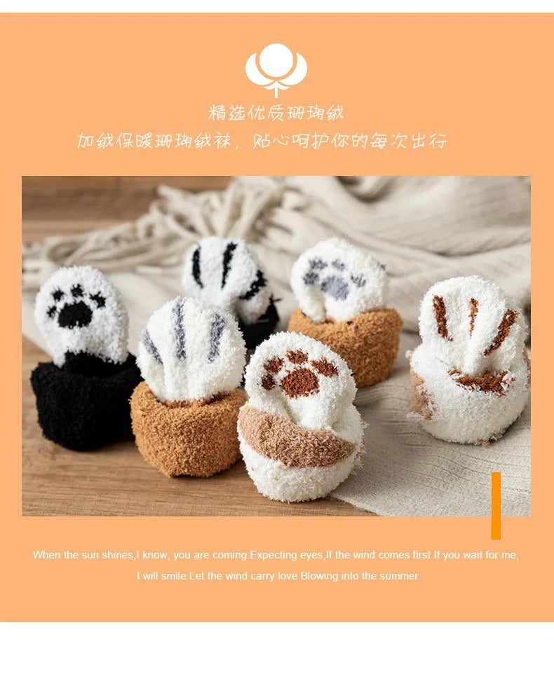 Women Socks Winter Warm Fluffy Socks Cute Animal Claw Cat Paw Footprint Fuzzy Socks Thicken Coral Fleece Home Floor Sleep Socks.