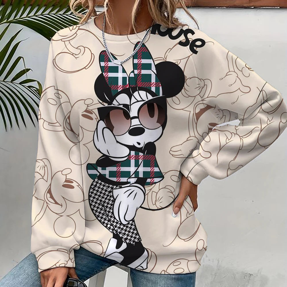 Damen-Sweatshirt mit Mickey-Mouse-Aufdruck, High-Street-Damen-Hoodie, Kleidung mit Y2K-Muster, lässiger Rundhalspullover.