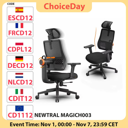 NEWTRAL MAGICH003 Ergonomischer Bürostuhl, automatisch ausgestellte Rückenlehne, adaptive Unterrückenstütze, Sitztiefe mit verstellbarer Kopfstütze