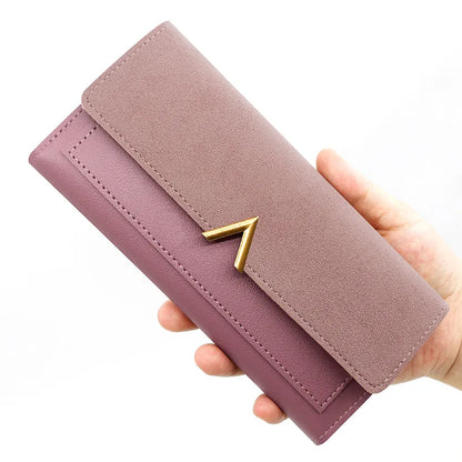 New Korean version women's wallet long V-shaped buckle three fold wallet for women, hand-held bag, change card bag.