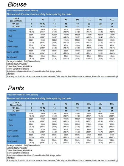 Vintage Stylish Muslim Suit 2PCS Long Sleeve Blouse Pant Sets Islamic Clothing Female Casual Floral Printed Matching Sets.