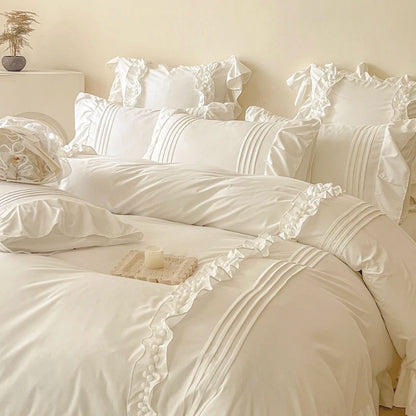 Korean Princess Style Lace Ruffles Bedding Set Solid Color Duvet Cover Set Flat/Fitted Bed Sheet Pillowcases With Pillowcases.