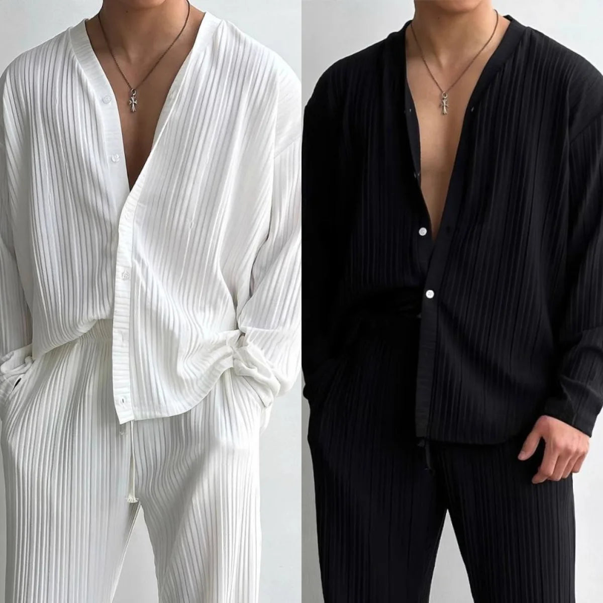 Thin Solid Color Sexy Deep V Cardigan Knitted Sweater Shirt Casual Fashion Suit Two-piece Sets for Men.