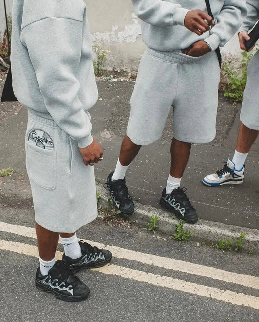 Grey Disc Pattern Mens Shorts Set Sporty Casual Wear Comfortable Loose Tracksuit Breathable Fabric Minimalist Modern Athleisure.