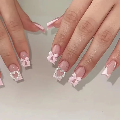 24Pcs Ballet Square Pink Press on Bow Nails 3D Flower with Bandage Design French Nail Tips for Women&Girls Daily,Spring wear.