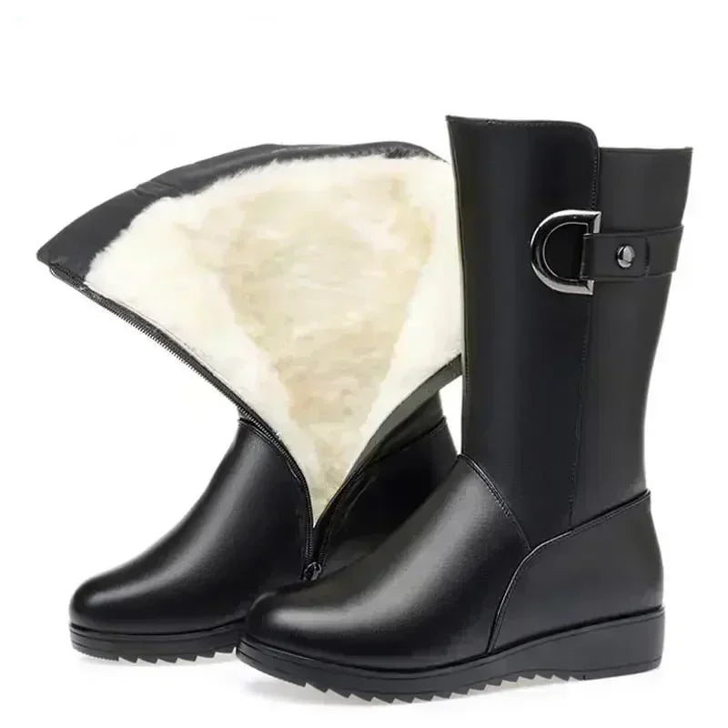 2025 Winter Leather Women Winter Boots Thick Wool Warm Women High-heeled Genuine Boot High-quality Female Snow Boots Women Shoes.
