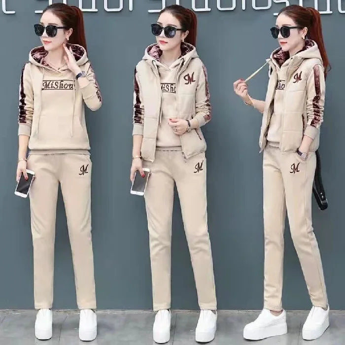 Winter 3 Pcs/Set Women Waistcoat Top Pants Set Letter Embroidery Ladies Winter Tracksuit Color Block Three-piece Sweatpants Set.