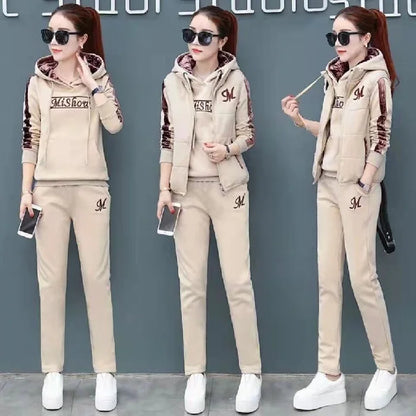 Winter 3 Pcs/Set Women Waistcoat Top Pants Set Letter Embroidery Ladies Winter Tracksuit Color Block Three-piece Sweatpants Set.