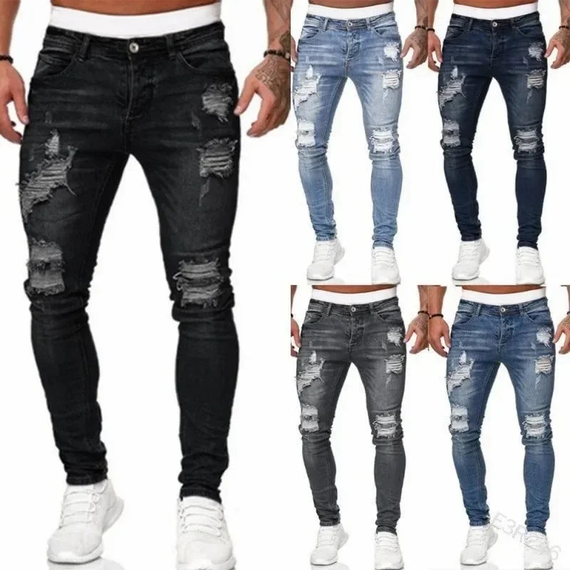 2024 New Retro Ripped Pencil Small Foot Skinny Jeans for Men Motorcycle Streetwear Stretch Straight Casual Slim Jeans Male.