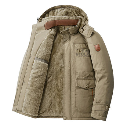 New Autumn/Winter Men's Fleece-Lined Thickened Cotton Coat Casual Vintage Workwear Jacket with Detachable Hood Multiple Pockets