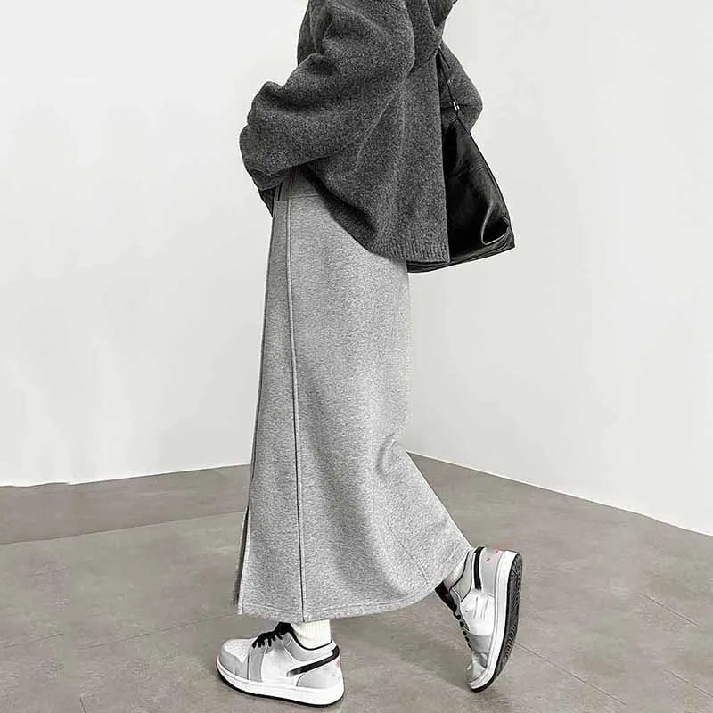 Women's Gray Split Midi Skirts Elasticity Waist Casual Loose Long Skirts Female Autumn Winter Thicken Plus Velvet Straight Skirt.