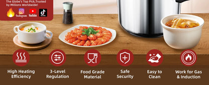 KITCHJOY 3in1 Stainless Steel Pressure Cooker 6L 8L 10L 12L Pressure Canner Induction Compatible Glass Lid Steamer Rack Included.