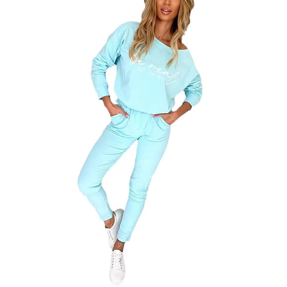 New Letter Printed Women's Two-piece Set Casual Sports Suit Autumn Long-sleeved T-shirt Top + Small Leg Trousers 2-piece Sets.