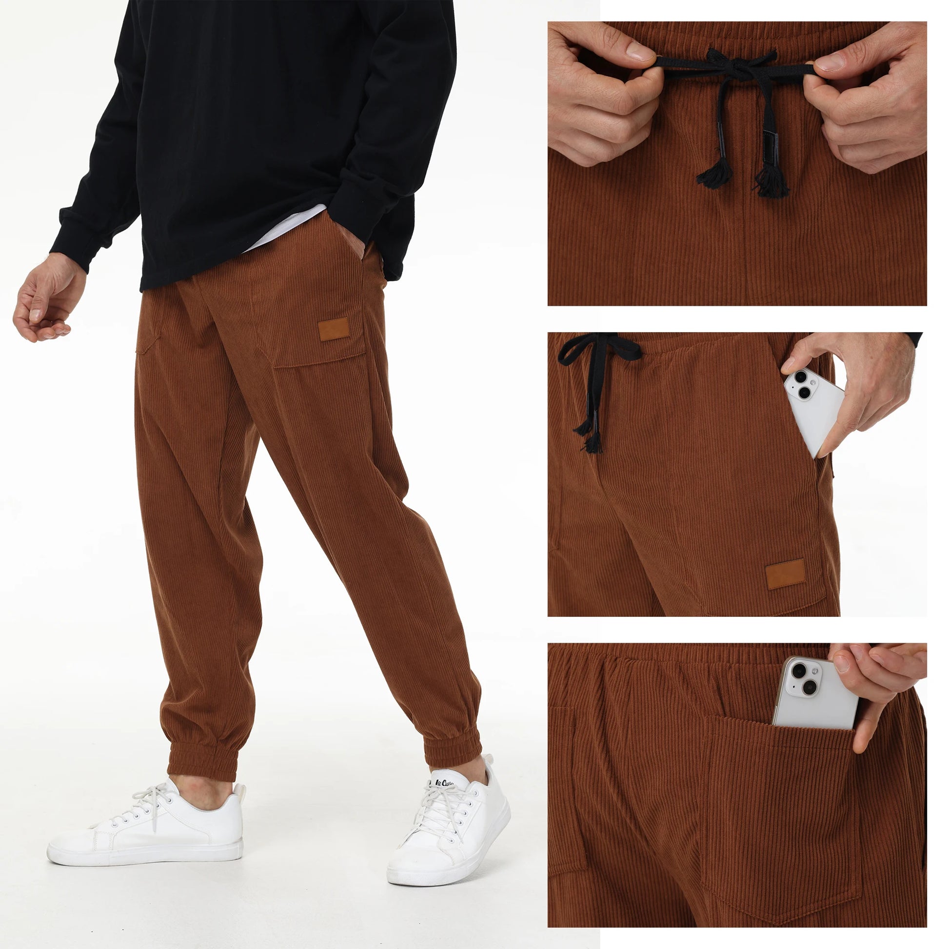 Mens Corduroy Sweatpants Elastic Waist Drawstring Tapered Pants With 4 Pockets for Jogging Running Outdoor Warm Sports.