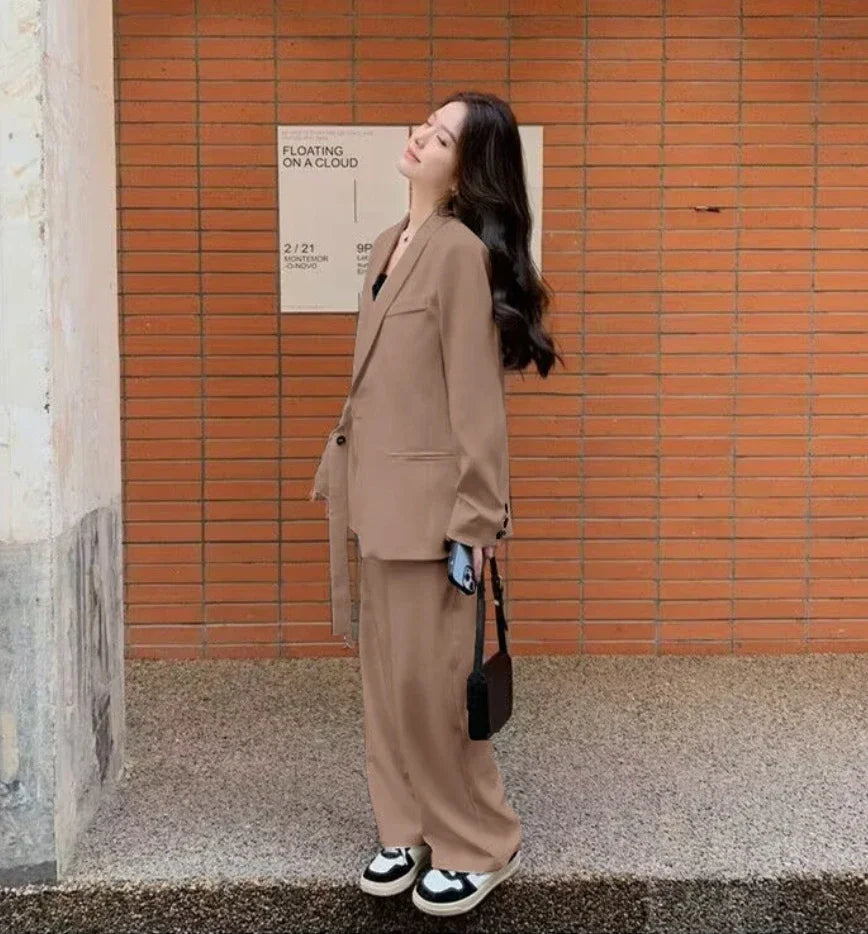 Women's Fashion Office Suit Set Casual Oversized Blazer And Wide Leg Pants Two-Piece Long Sleeve Top Bottoms Combo.