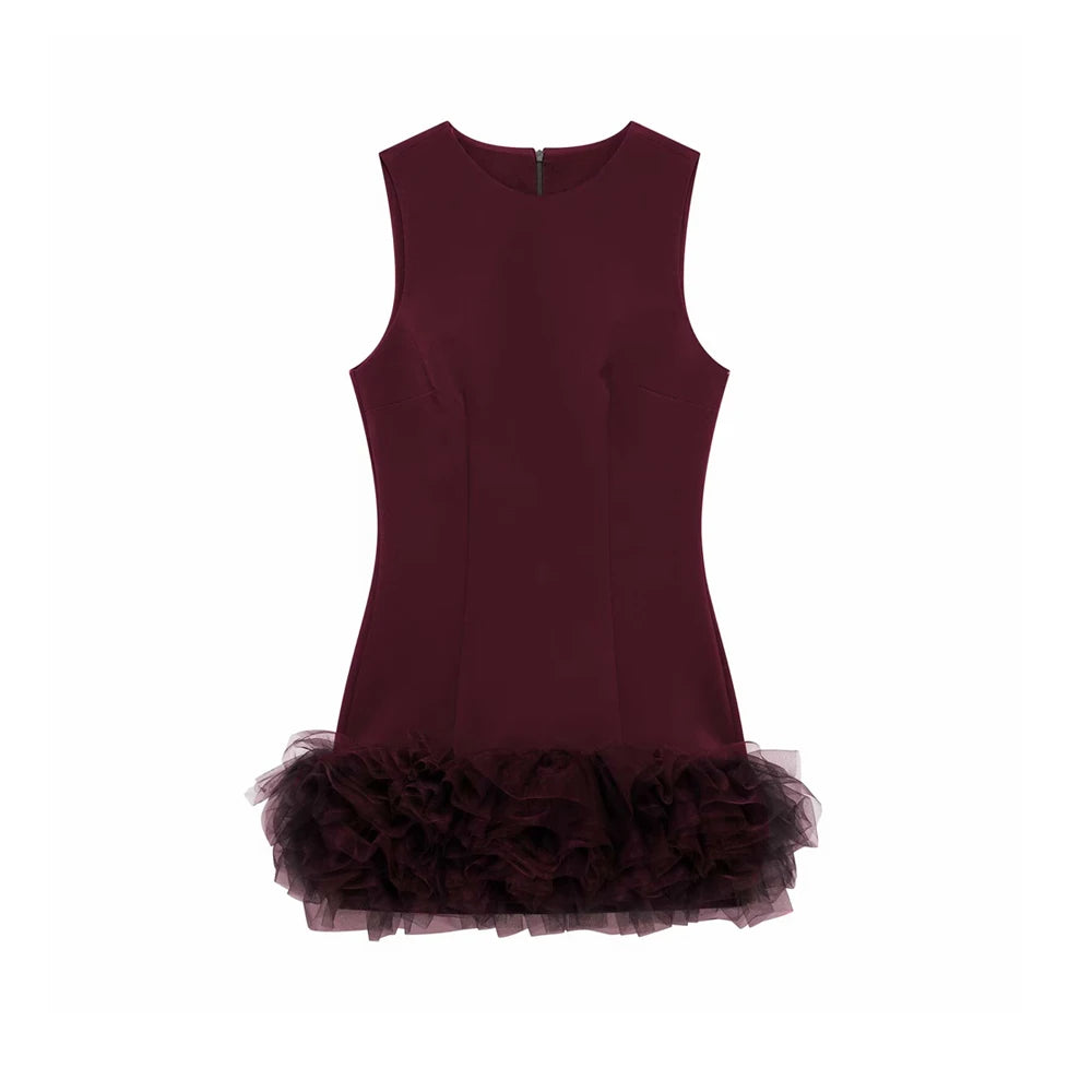 TRZA Wome Mode Mit Tüll Mini Kleid O Neck Ärmellose Zurück Zipper Weibliche Kleider Vestidos Mujer.