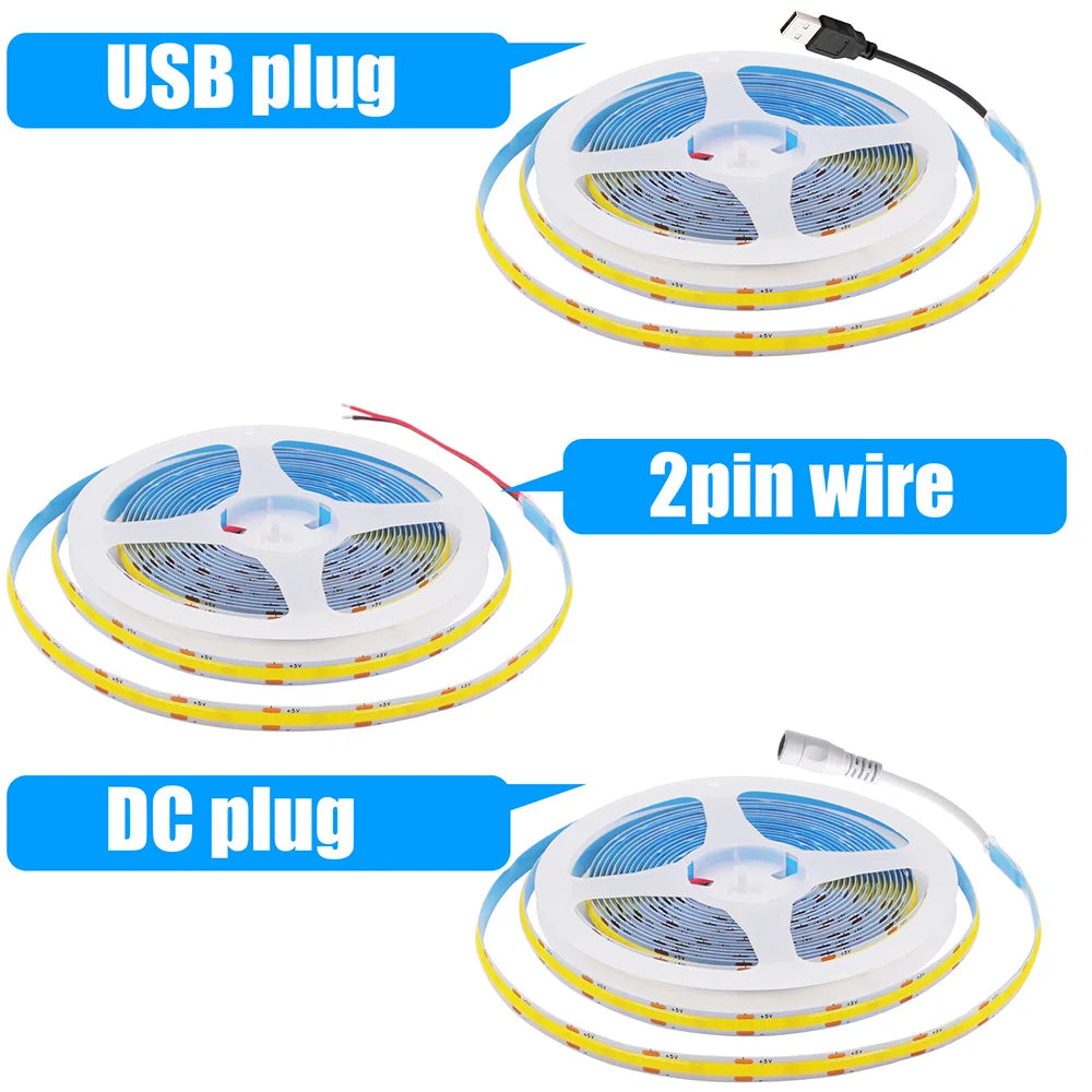 5 V USB-COB-LED-Streifen mit 2-poligem DC-Stecker, 3000 K, 4000 K, 6000 K, 320 LEDs, flexibles Band, lineare Beleuchtung mit hoher Dichte.
