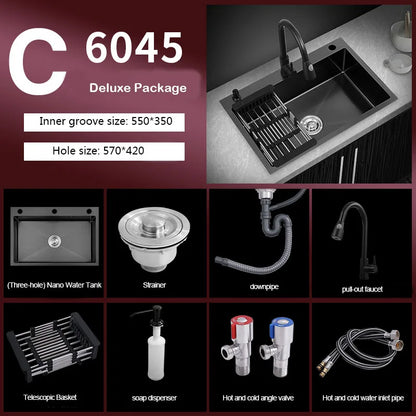 kitchen sink Black nano-sink single-slot household hand-washing basin kitchen large 304 stainless steel sink sink bowl