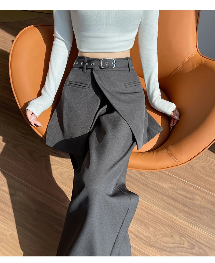 Design Style Fake Two-piece Curtain Suit Pants Women Fall High Waisted Wide Leg Trouser Office Ladies High Quality Straight Pant.