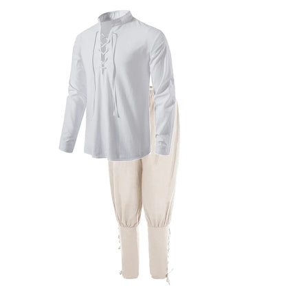 2-teiliges mittelalterliches Ritter-Kostüm-Set für Herren, Renaissance-Cosplay-Piratenhemden, Knöchelband-Hosen für Halloween, Baumwoll-Leinen-Stoff.