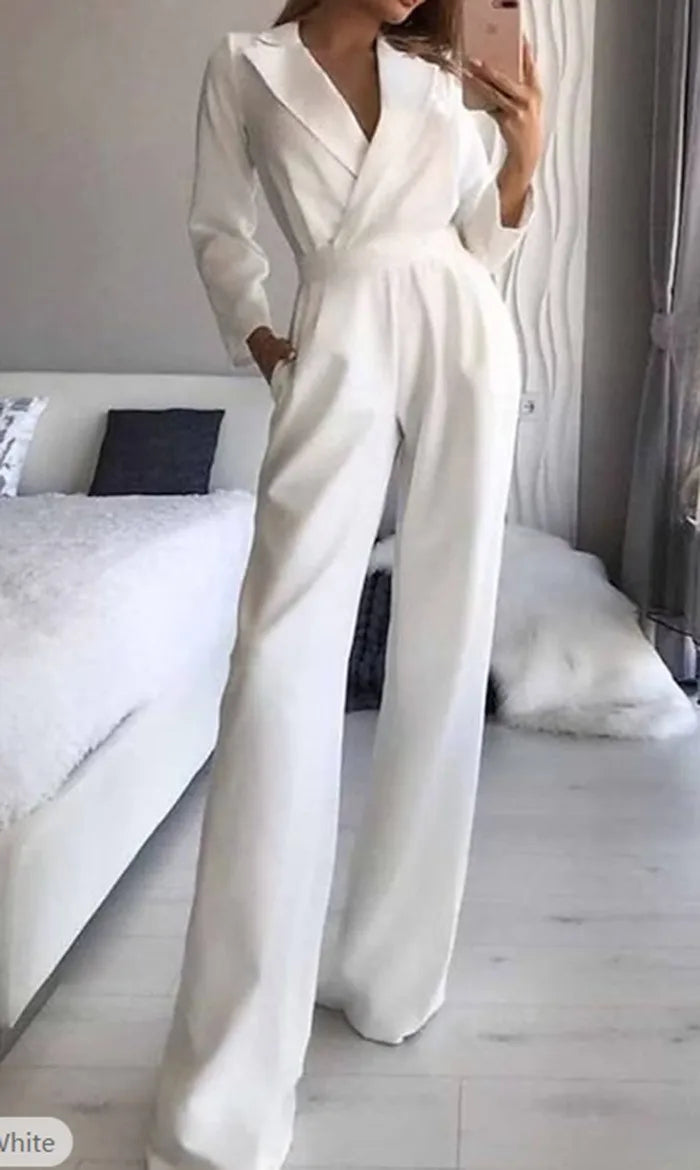 Women Jumpsuits Long Sleeve V Neck Rompers Overalls One Piece Wide Leg Pants Slight Strech Office Lady Solid New Chinese.