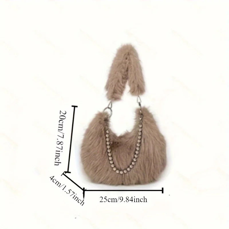 Luxurious Faux Fur Tote Bag Chic Underarm Shoulder Bag Stylish Handbag & Purse with Pearl Chain Strap, Polyester Lined Interior.