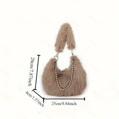 Luxurious Faux Fur Tote Bag Chic Underarm Shoulder Bag Stylish Handbag & Purse with Pearl Chain Strap, Polyester Lined Interior.
