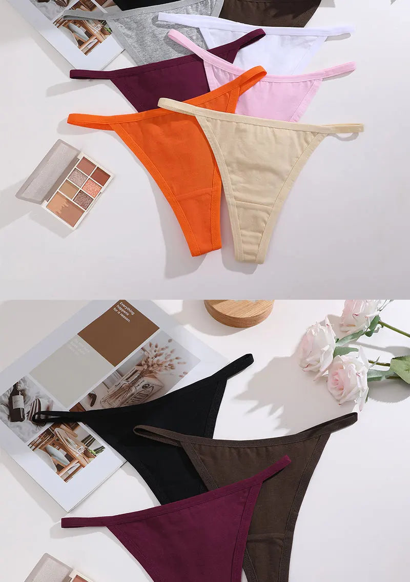FINETOO 6PCS/Set Sexy Women Cotton G-String Underwear Low Waist Panties Girl T-back Panty Soft Thin Strap Femme Thong Lingerie.