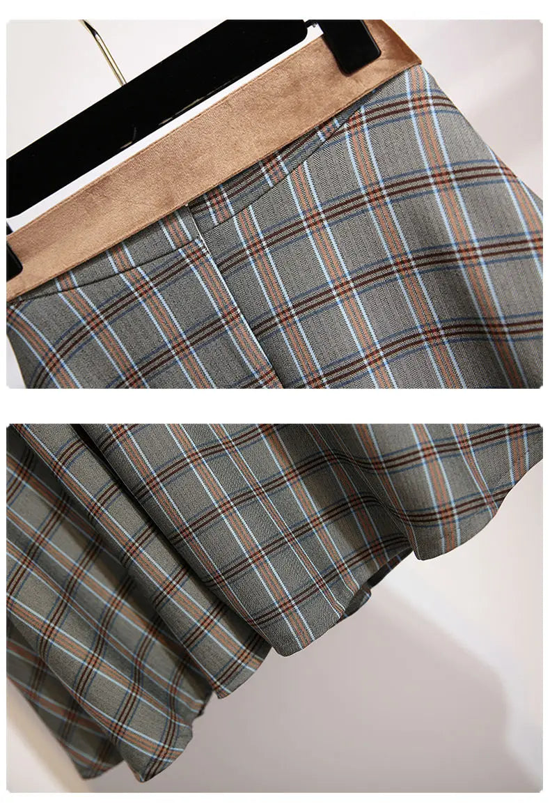 Plaid Vantage High Waist A-line Loose With Belt Pocket Women's Skirt Korean Fashion Mid-Calf Long Skirts For Women 2024 Spring.
