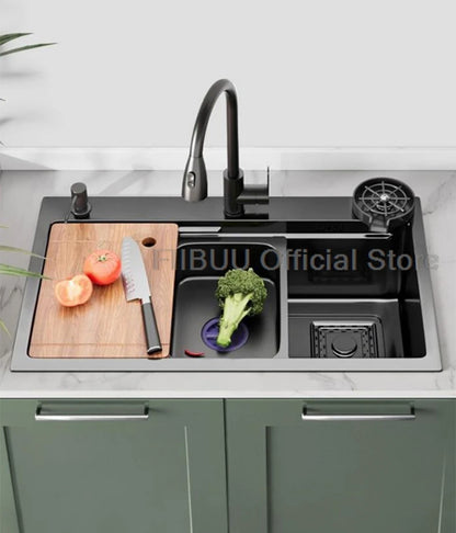 Küchenspüle, verdickter Edelstahl 304, doppelspurig, abgestuft, multifunktional, großer Einzelschlitz, Wasch-/Schnitt-/Abfluss in einem kompletten Satz