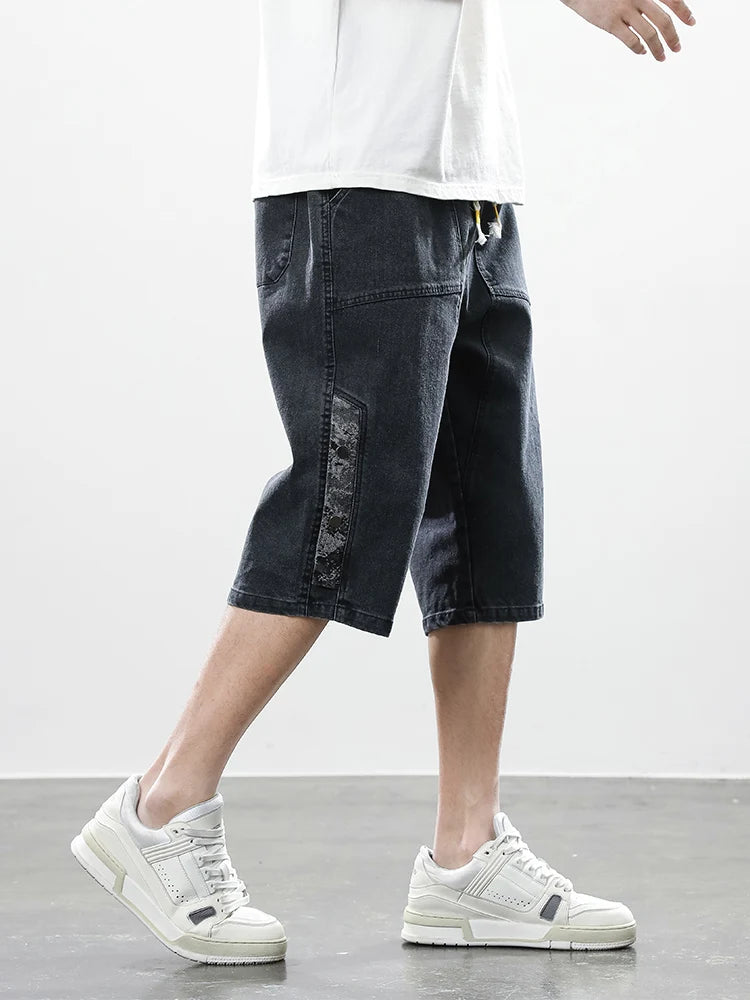 Summer Men's Jeans Denim Breeches Calf-Length Casual Shorts Washed Cotton Drawstring Straight Capris Pants Big Size 8XL.