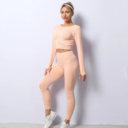 Women Yoga 2 Pieces Workout Outfits Seamless High Waist Leggings Sports Crop Top Running Clothes Sets.