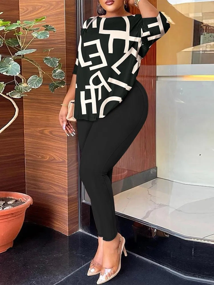 Autumn Women's Clothing New Fashion Print Sexy Backless Round Neck Five Quarter Sleeve Pants Two-piece Casual Comfortable Set.