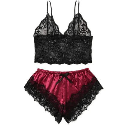Damen sexy Spitze Nachtwäsche Spitze Nachthemd Dessous ärmellose V-Ausschnitt Babydoll Pyjamas Set Dessous Tops Shorts Set Nachtwäsche.