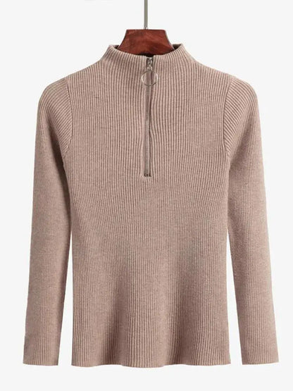 Frauen Fashion Solid Strick Pullover Vintage Langarm Zip-up Grundlegende Hälfte Rollkragenpullover Weibliche Pullover Chic Casual Tops