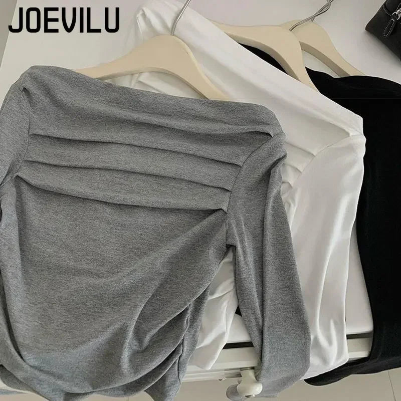 JOEVILU Pleated Off Shoulder Crop Tops Women's Slim Fit Long Sleeve T-shirt Korean Fashion Niche Base Shirt Aesthetic Clothes.