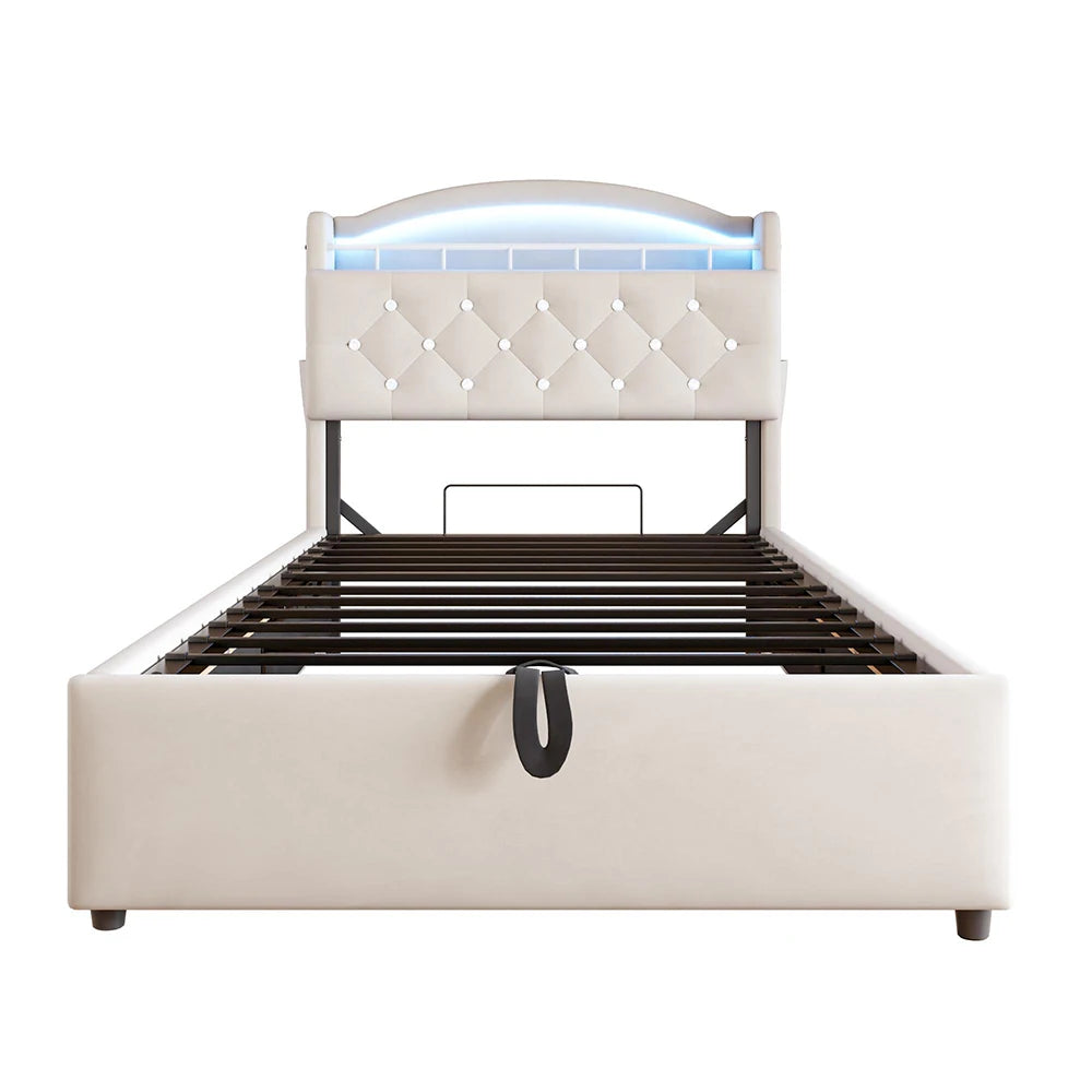 KOMHTOM Kinder Polsterbett 90x200 cm Samt Einzelbett, Multifunktionsbett mit Stauraum, LED und USB