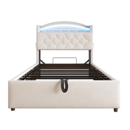 KOMHTOM Kinder Polsterbett 90x200 cm Samt Einzelbett, Multifunktionsbett mit Stauraum, LED und USB