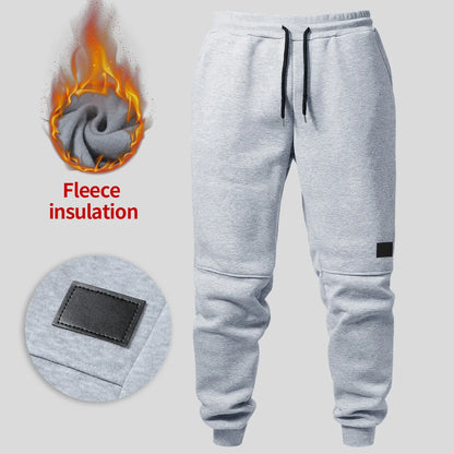 Men's fleece-lined ankle-length pants, autumn and winter drawstring waist sports sweatpants, with leather label running pants.