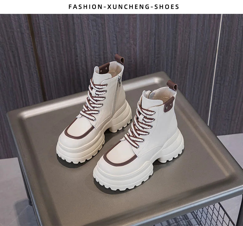 WOIZGIC Women Ladies Mother Genuine Leather Ankle Boots Shoes Lace Up Increase Inside British Style Autumn Winter Plush Fur Warm.