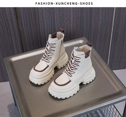 WOIZGIC Women Ladies Mother Genuine Leather Ankle Boots Shoes Lace Up Increase Inside British Style Autumn Winter Plush Fur Warm.