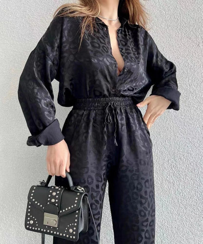 2024 Autumn White Satin Wide Leg Trousers Suit For Women Office Leopard Print Two-Piece Set Home Tracksuit Female Pajamas Sets.